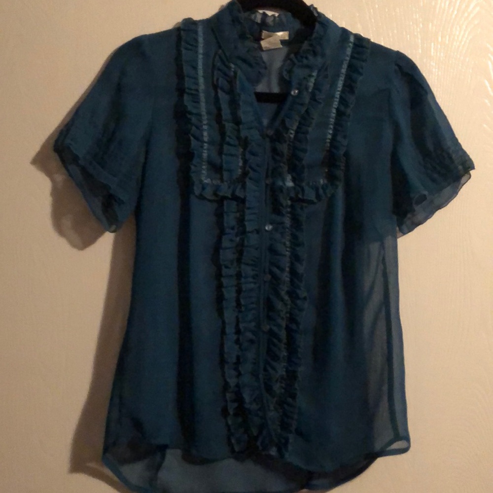 Dark Turquoise Sheer Ruffle Blouse
